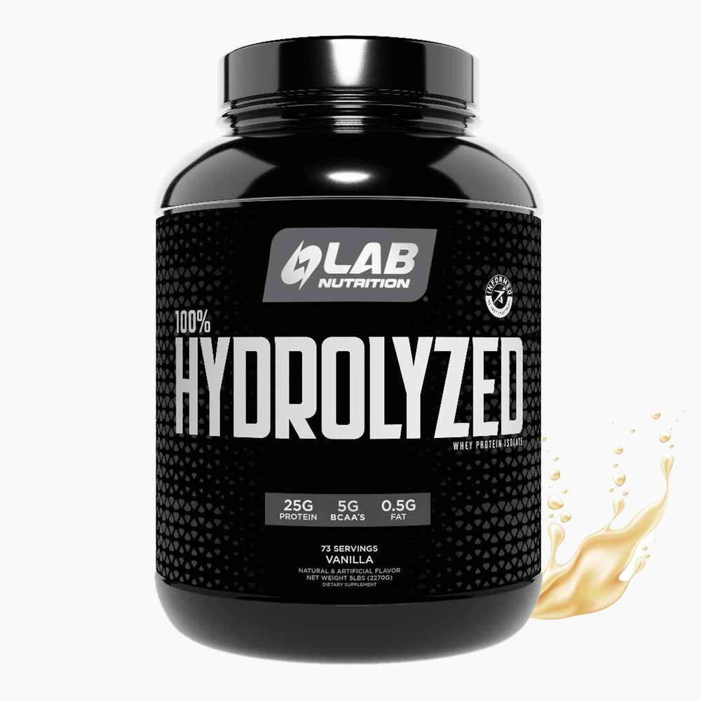 LAB NUTRITION hydrolyzed whey protein isolate vanilla powder in a 5lb bottle for post-workout recovery.
