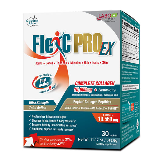 LABO Nutrition FlexC PRO EX bottle highlighting full‑spectrum collagen for skin and joints