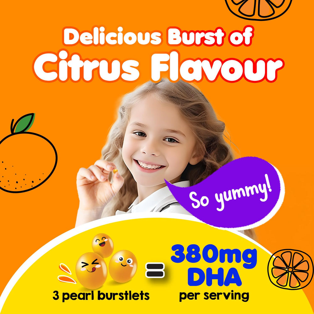 LABO Nutrition orange-flavor Burstlet close-up showing kid-friendly texture and no fishy aftertaste