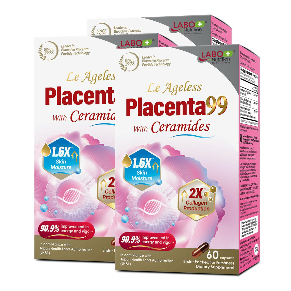 LABO Nutrition Le Ageless Placenta 99 bottle front view with triple-pack option