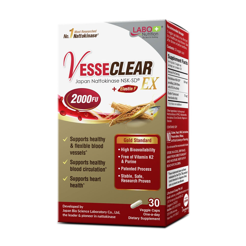 LABO Nutrition VesseCLEAR EX bottle close-up showing NSK-SD nattokinase formula for smooth circulation