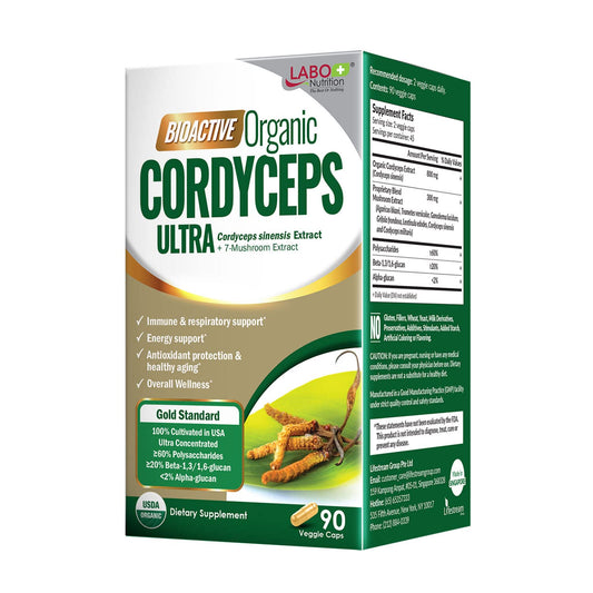 LABO Nutrition Cordyceps Ultra bottle pour highlights potent mushroom blend for daily energy.
