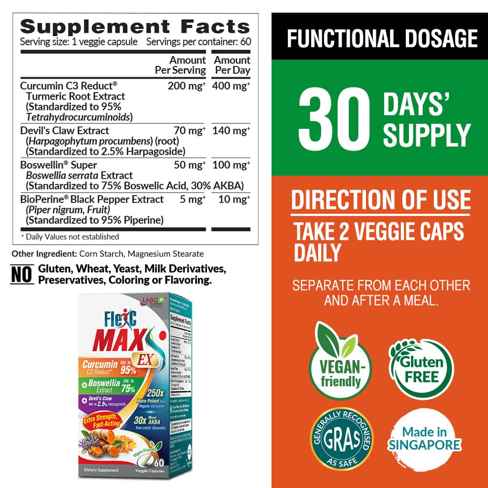 LABO Nutrition FlexC MAX EX back label detailing Curcumin C3 Reduct and Bioperine