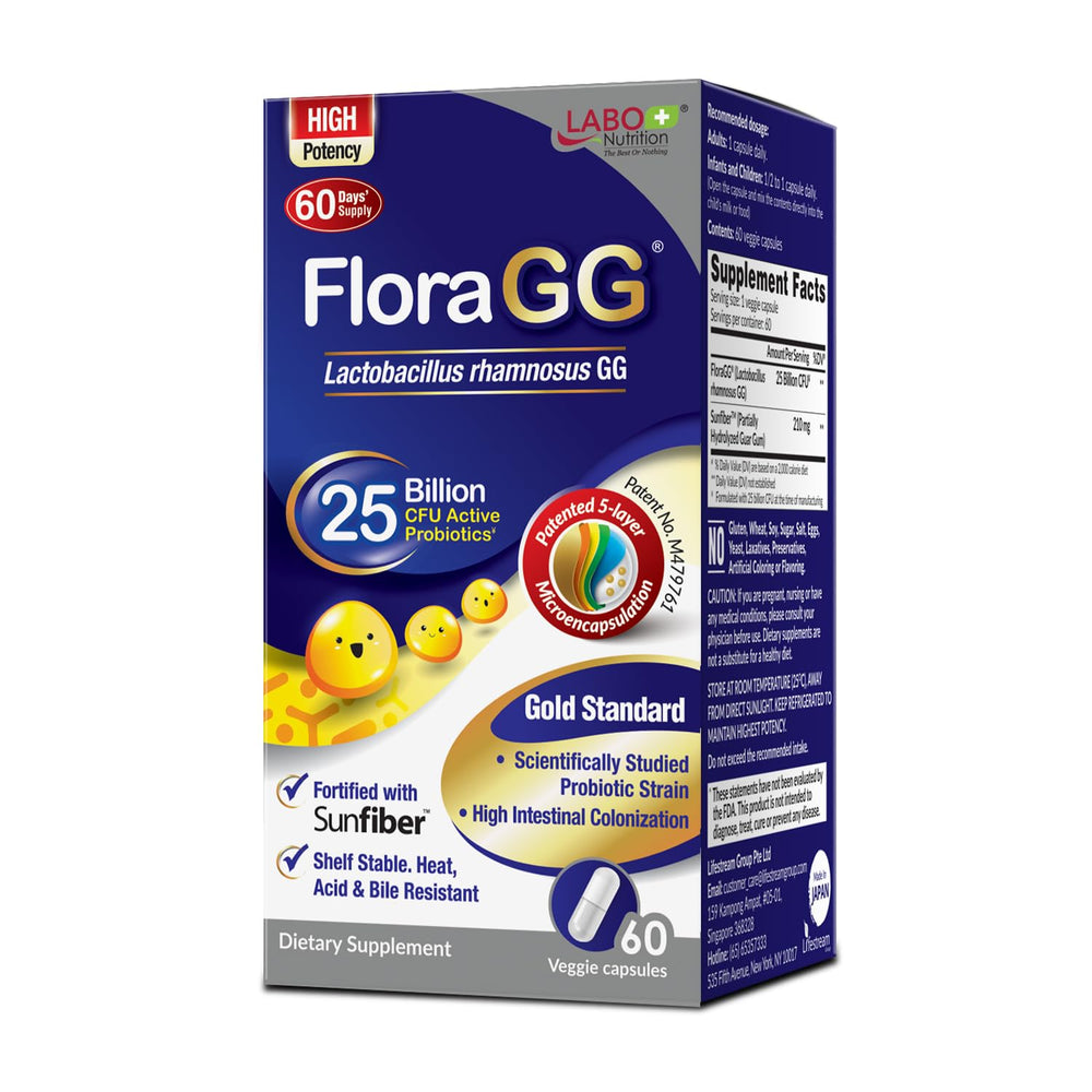 LABO Nutrition FloraGG bottle and capsules for daily digestion support.