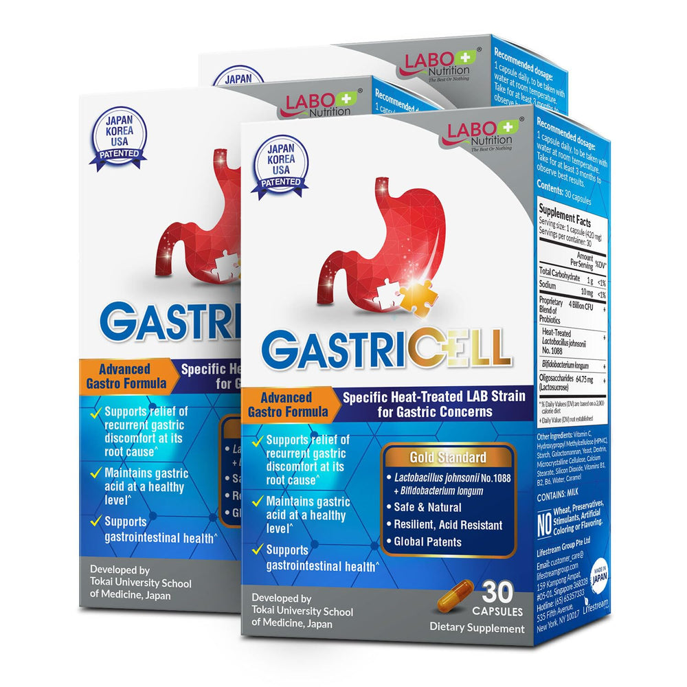 LABO Nutrition GASTRICELL bottle packaging shows a science-backed digestive support option.