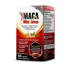 LABO Nutrition MacaMaxima bottle close-up showing an energy-support formula.