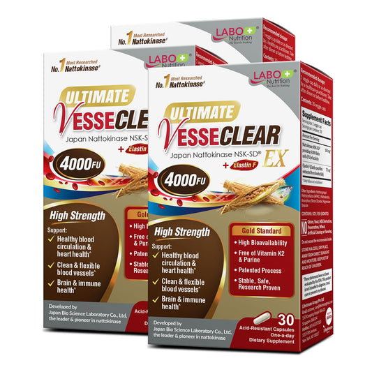 LABO Nutrition Ultimate VesseCLEAR EX bottle showing 4000FU nattokinase for vascular support.