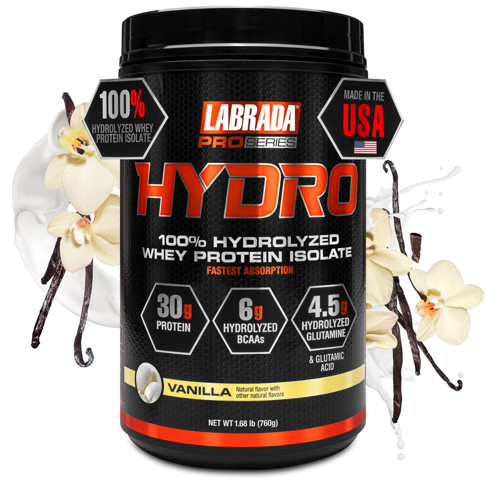 Labrada Hydro isolate tub with clear label signaling pure, fast-absorbing protein.