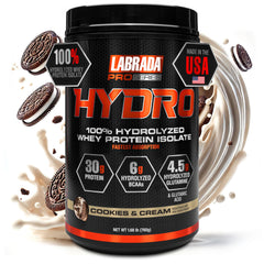 Labrada Hydro whey isolate bottle pour showing fast-absorption post-workout use