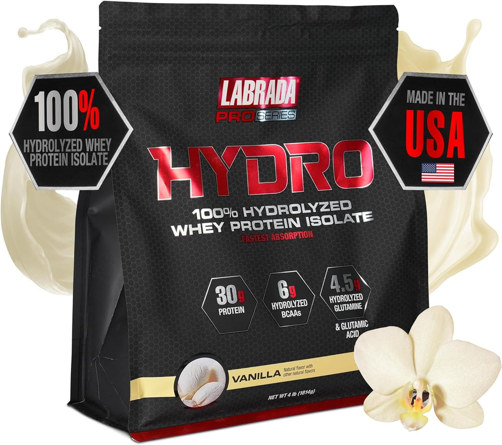 Labrada Hydro bottle and label highlighting pure hydrolyzed whey for fast absorption.