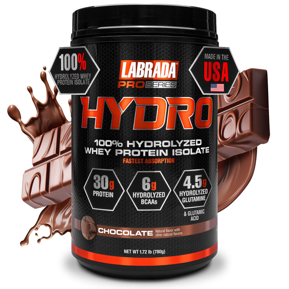 Labrada Hydro chocolate tub shows fast-absorbing whey protein isolate for post-workout.