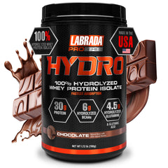 Labrada Hydro chocolate tub shows fast-absorbing whey protein isolate for post-workout.
