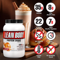 Labrada Lean Body shake poured into a glass for post-workout fueling in Cinnamon Bun flavor