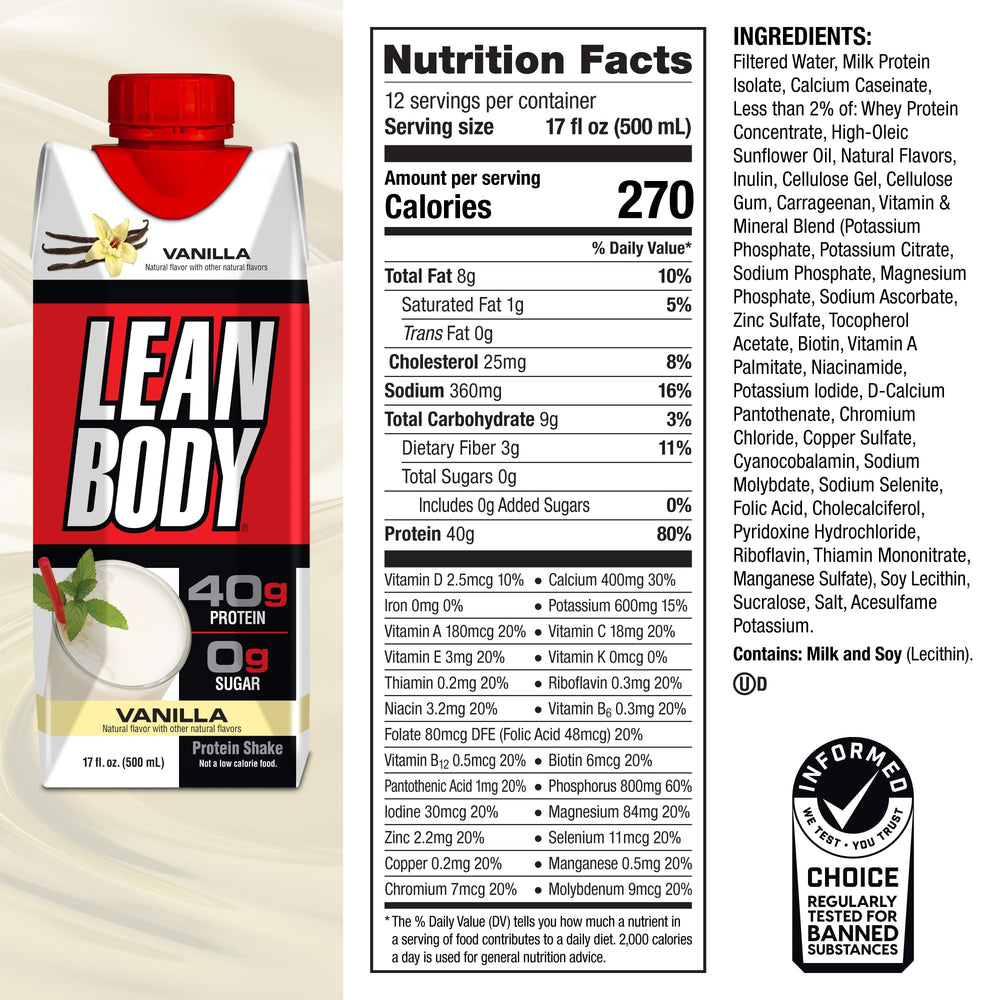 Labrada Lean Body RTD Vanilla ingredients label: 40g protein per serving.