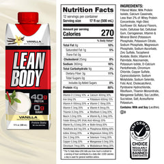 Labrada Lean Body RTD Vanilla ingredients label: 40g protein per serving.