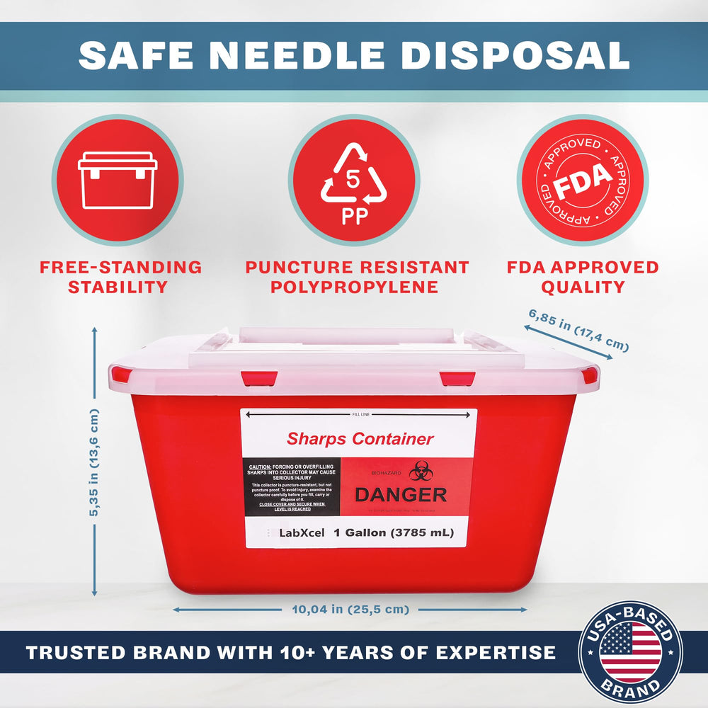 LabXcel Sharps Container 1 Gallon—lid open for easy fill monitoring.