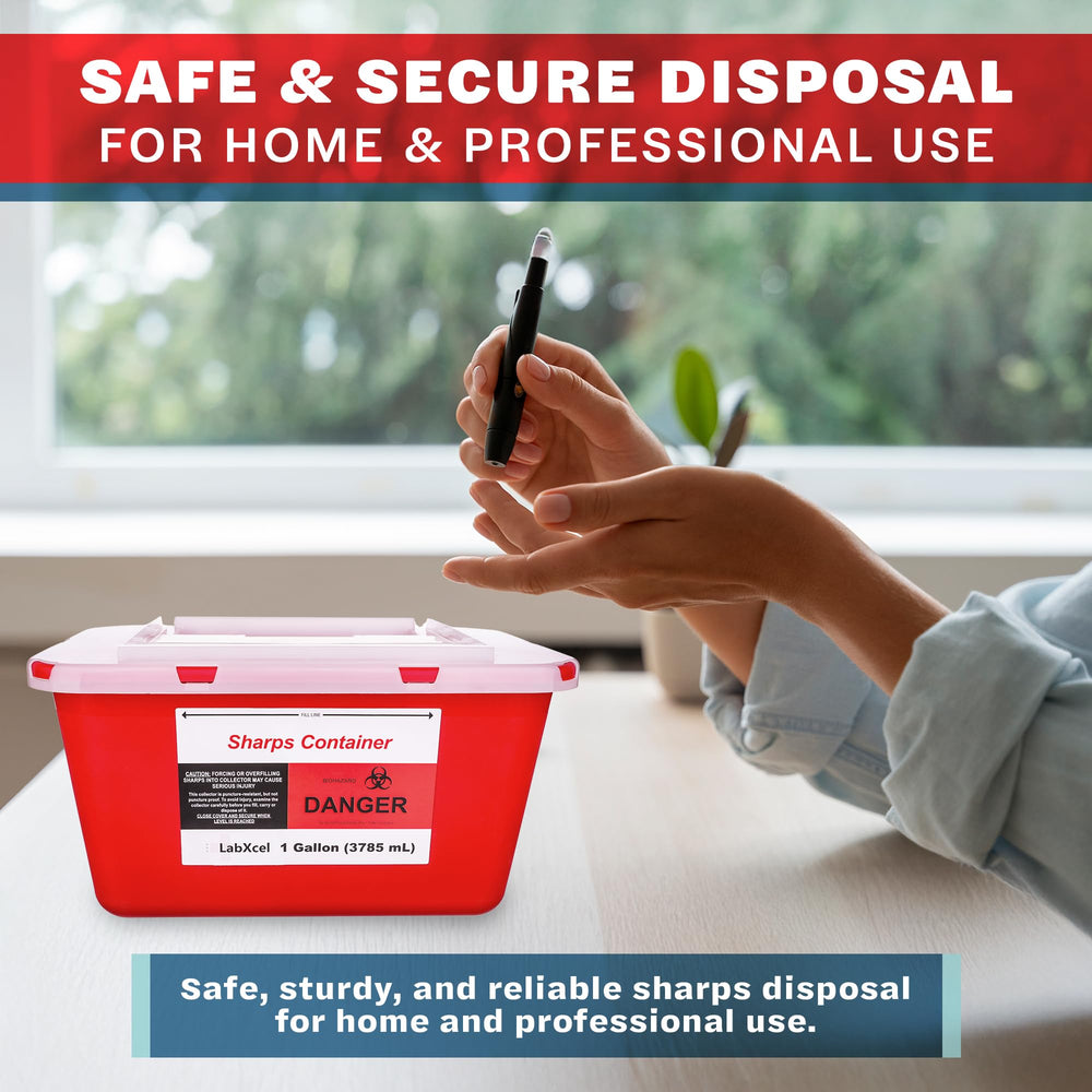 LabXcel Sharps Container 1 Gallon—translucent lid shows fill levels at a glance.