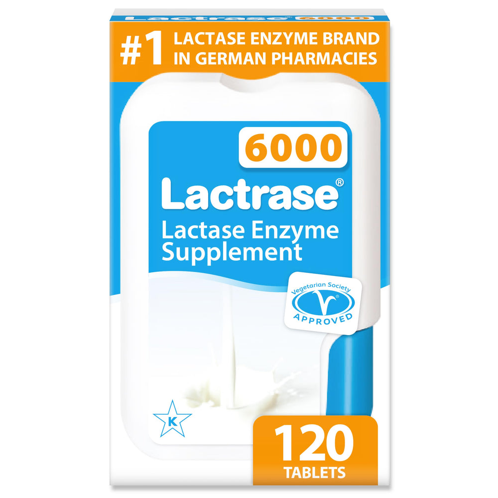 Lactrase dispenser with 120 mini-tablets for on-the-go dairy support.