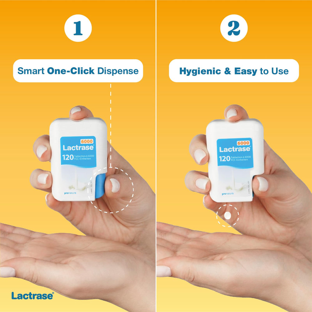 Lactrase fast-acting tablets aid lactose digestion before dairy meals.
