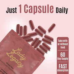 Lady Legacy uterus-ovary-liver-kidney-heart capsules close-up highlighting organ blend