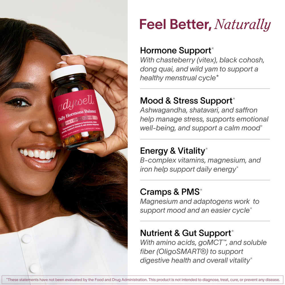 Ingredient list highlights chasteberry and ashwagandha for balance.