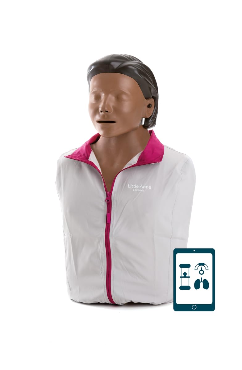 Laerdal Little Anne QCPR Dark front view showing durable adult CPR training manikin for practice.