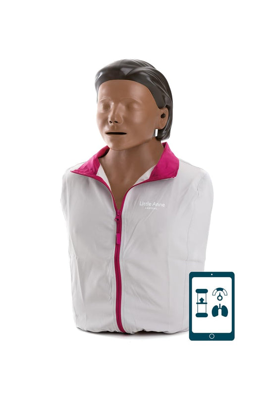 Laerdal Little Anne QCPR Dark front view showing durable adult CPR training manikin for practice.