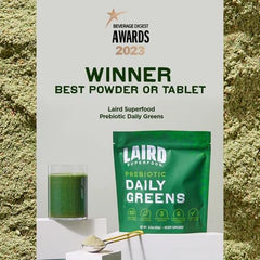 Laird Superfood Daily Greens fruits vegetables blend close-up with produce