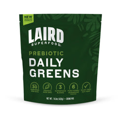 Laird Superfood Prebiotic Daily Greens powder bag close-up for daily nutrient boost