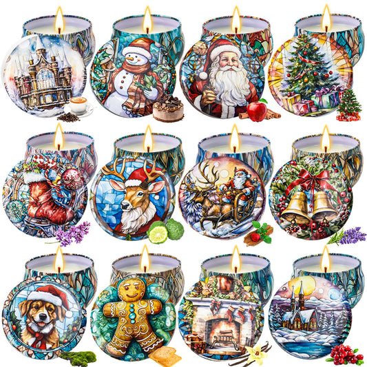 LAJDL Christmas candle gifts set 12-pack tins illuminating living rooms for cozy gatherings.