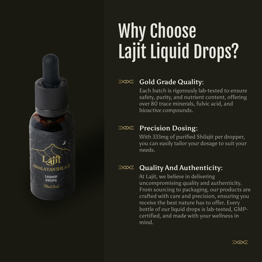 Lajit Gold Grade Shilajit liquid drops pour demonstrates convenient supplementation.
