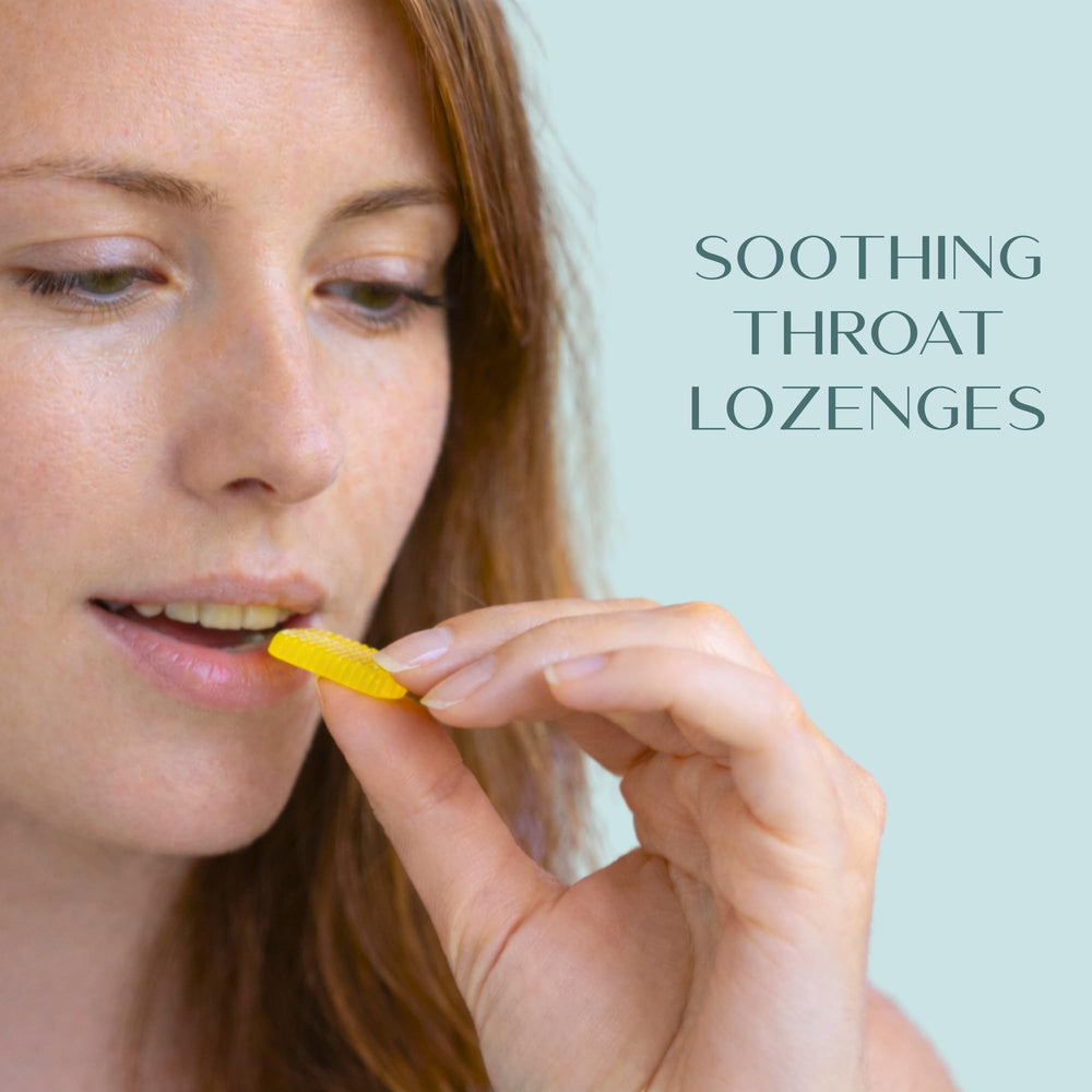 Laki Naturals bottle closeup highlighting natural herbs and minerals for soothing throat.