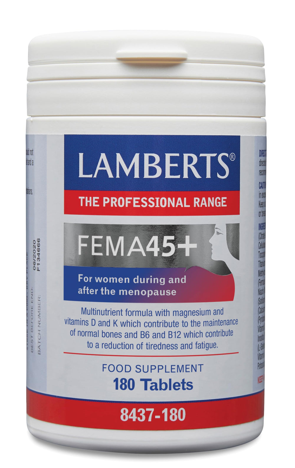 Lamberts FEMA45+ bottle front for daily menopause support.