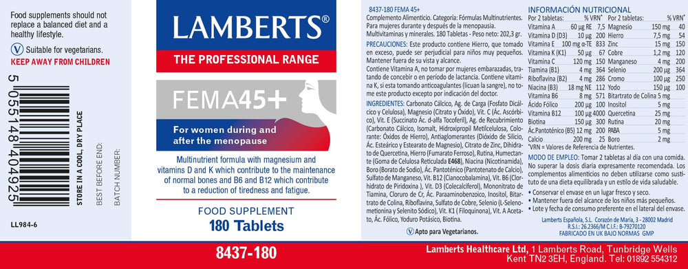 Lamberts FEMA45+ label closeup highlights the nutrient blend.