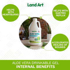 Land Art Aloe Gel inner fillet closeup highlights pure 99.7% formula for digestive support.