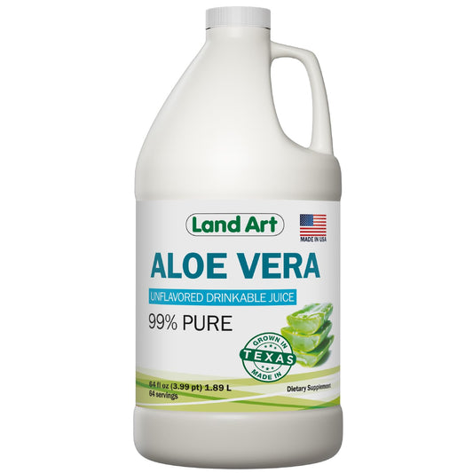 Land Art Pure Aloe Vera Juice bottle close-up, unflavored and 99.7% pure for daily wellness.