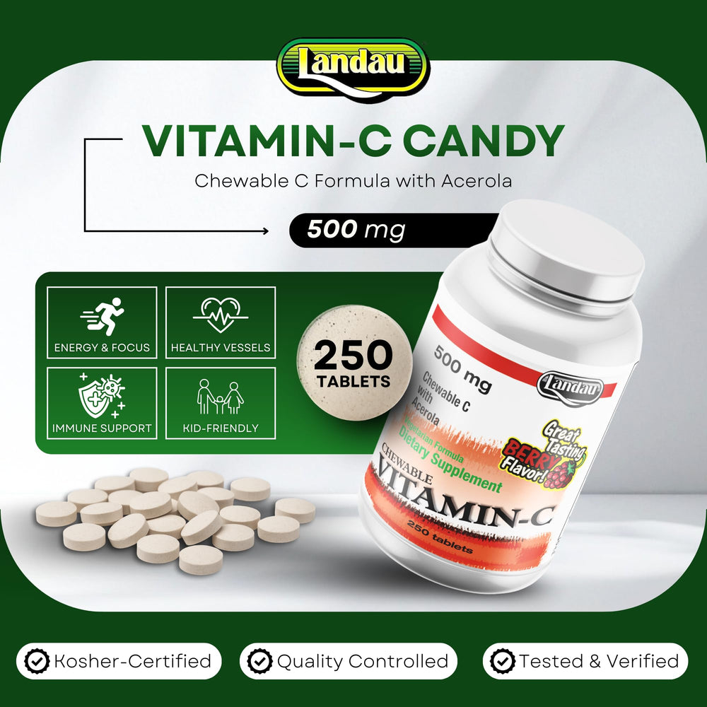 LANDAU berry-flavored chewable vitamin C label closeup with acerola content.