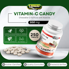 LANDAU berry-flavored chewable vitamin C label closeup with acerola content.