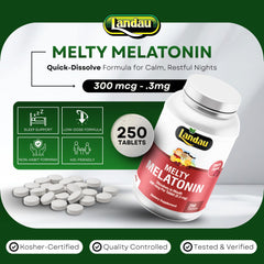 Landau Melty Melatonin fast-dissolve swatch demonstrates quick mouth dissolution before bed.