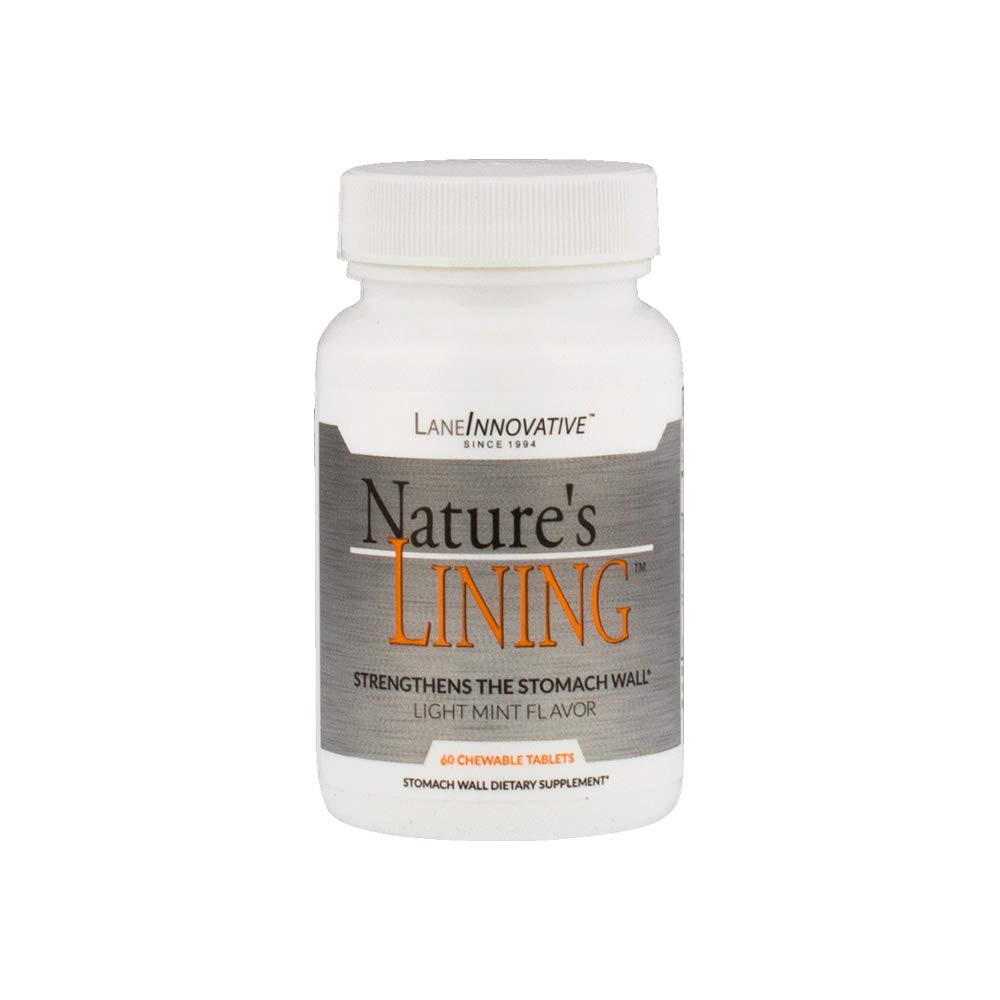 Lane Innovative Nature's Lining chewable tablets bottle front for long-lasting digestive support.