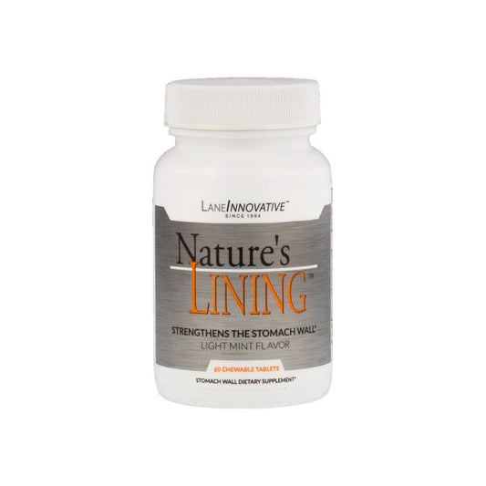 Lane Innovative Nature's Lining chewable tablets bottle front for long-lasting digestive support.