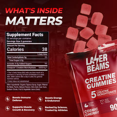 Laser Beams Creatine Gummies close-up label, signaling Creapure quality.