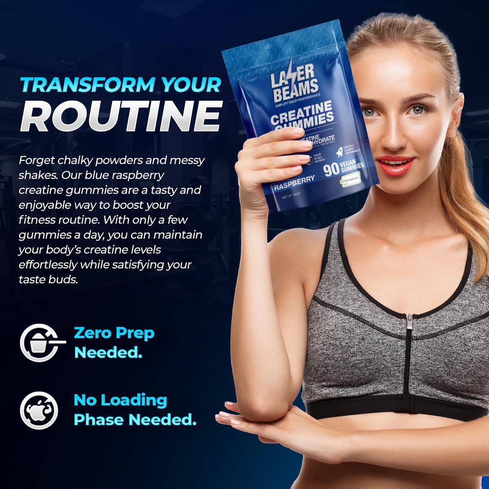 Laser Beams Creatine Gummies in hand highlighting blue raspberry flavor