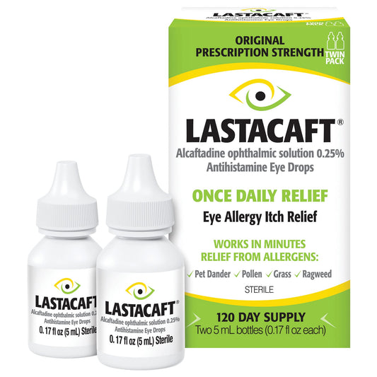 Lastacaft bottle front showing quick-acting allergy relief for itchy eyes.