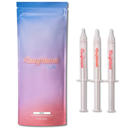 Laughland Gentle Teeth Whitening Gel 3-pack packaging overview for easy at-home use.