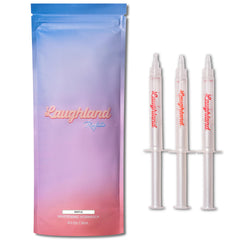 Laughland Gentle Teeth Whitening Gel 3-pack packaging overview for easy at-home use.