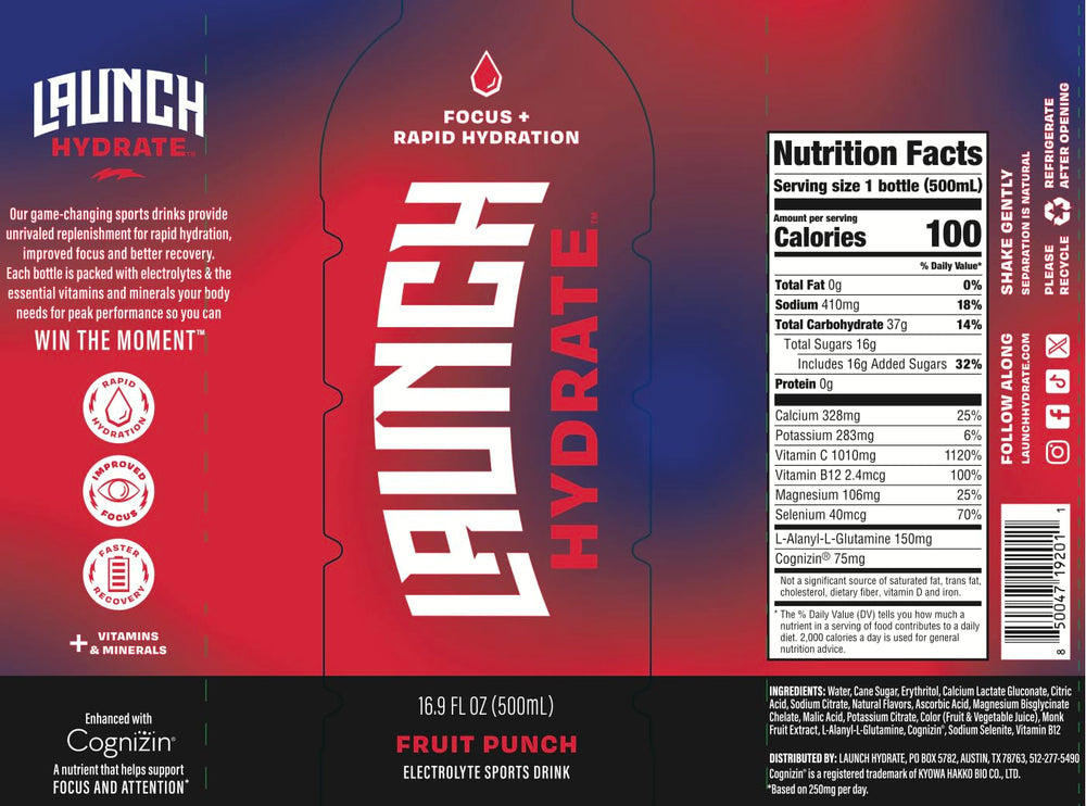Graphic featuring Cognizin focus from Launch Hydrate for mental clarity during workouts.