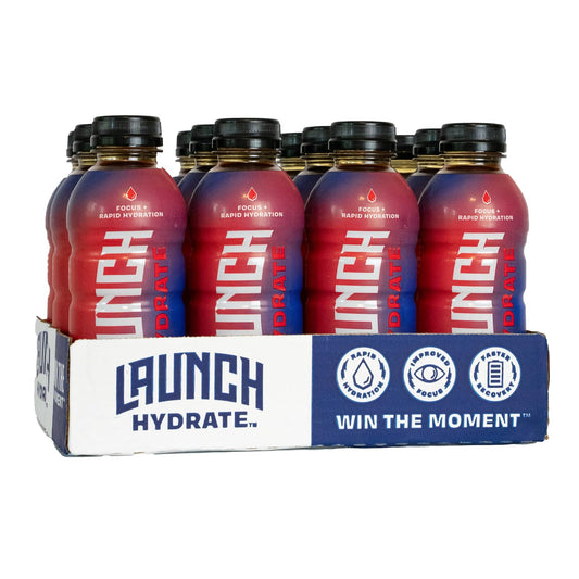 Launch Hydrate fruit punch bottle showing quick hydration and clean energy benefits.