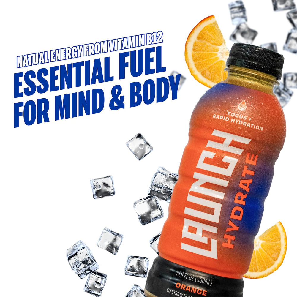 Launch Hydrate orange bottle on gym bag suggesting portable performance hydration.