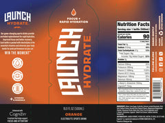 Launch Hydrate orange liquid in glass with ice for refreshing post-workout hydration.